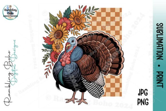 Fall Turkey Checkerboard Flowers Graphic